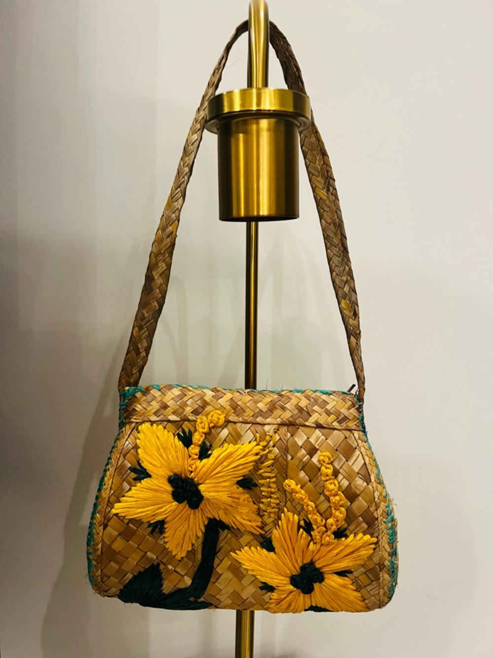 Genuine Handwoven Straw Shoulder Bag with Yellow Floral Embroidery